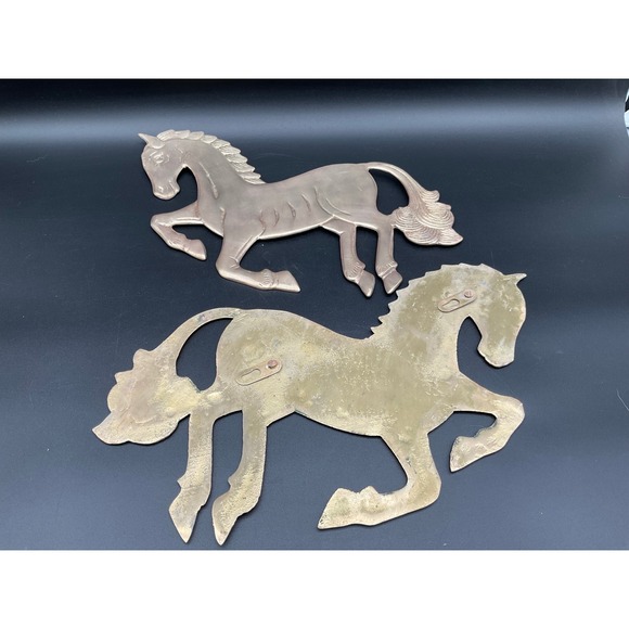 Vintage Midcentury Brass Horse Wall Hangings Pair Galloping Stallion Silhouettes - Picture 4 of 9